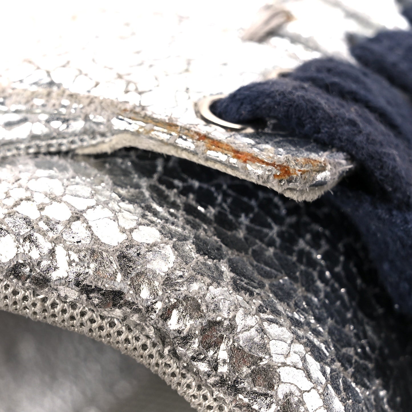 Metallic Crackled Calfskin CC Sneakers 38.5 Silver Black Navy