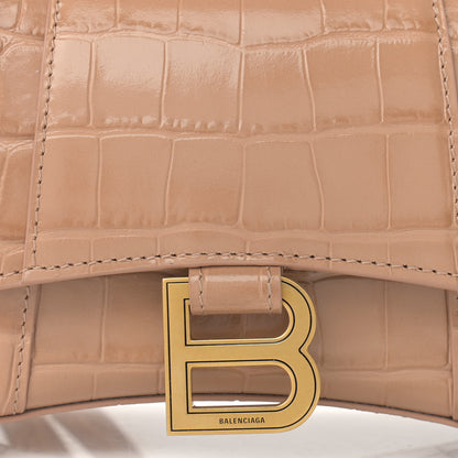 Balenciaga Shiny Calfskin Crocodile Embossed Hourglass Top Handle Bag XS Nude Beige 9 of 11
