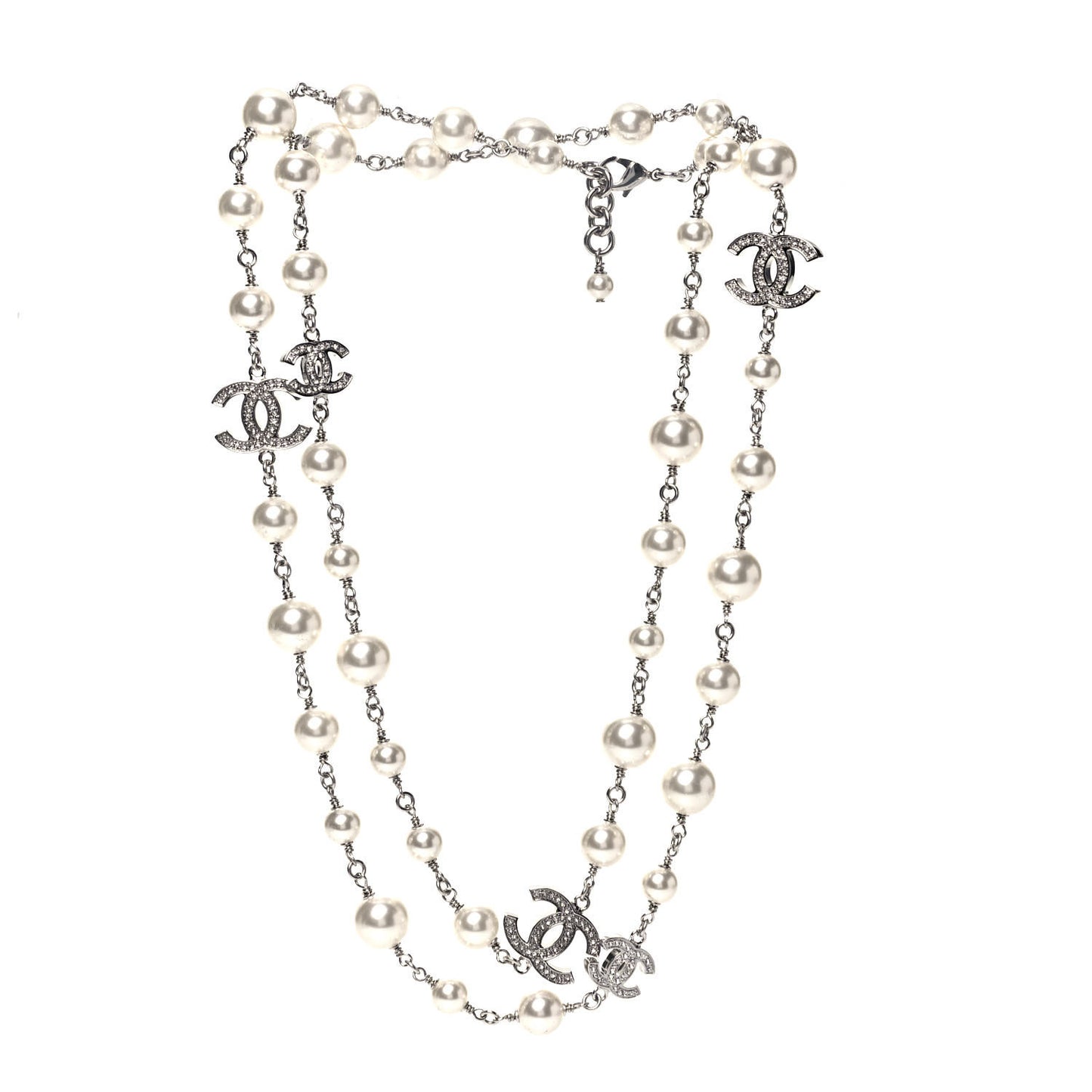 Crystal Pearl CC Long Necklace Silver