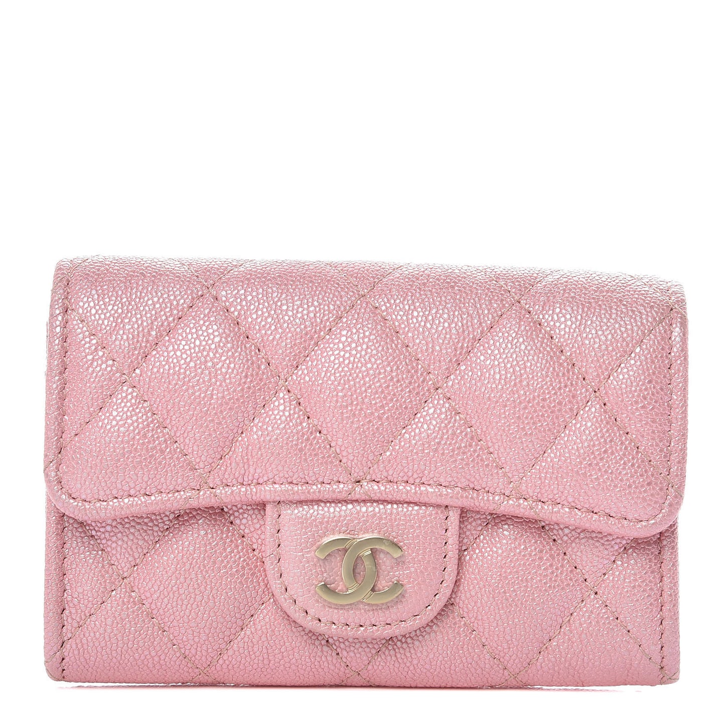 Iridescent Caviar Quilted Flap Card Holder Rose Pink