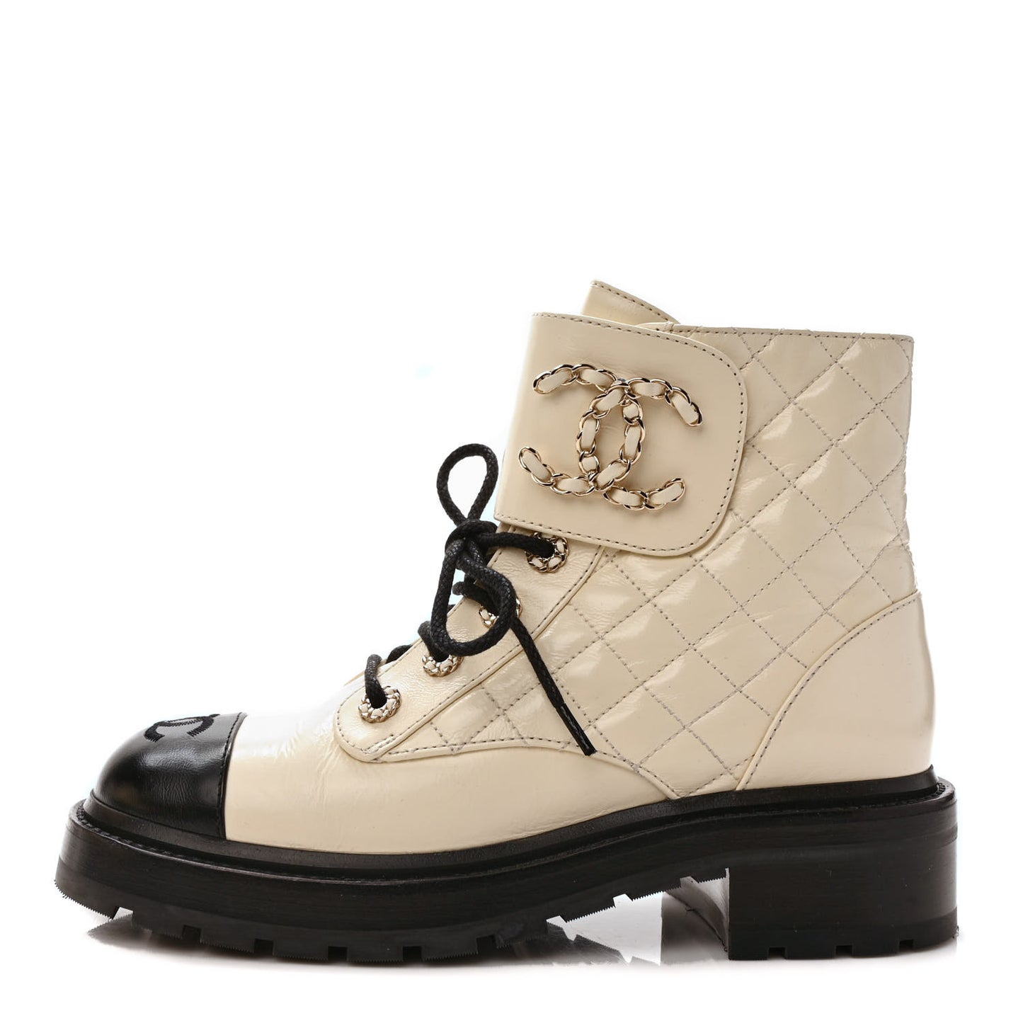 Shiny Goatskin Calfskin Quilted Lace Up Combat Boots 38 Ivory Black