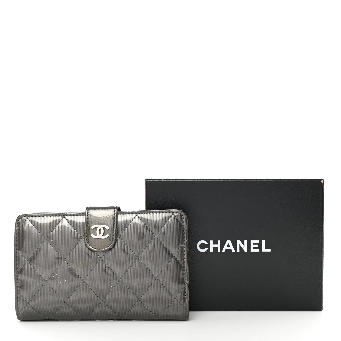 Striated Patent CC French Wallet Dark Grey
