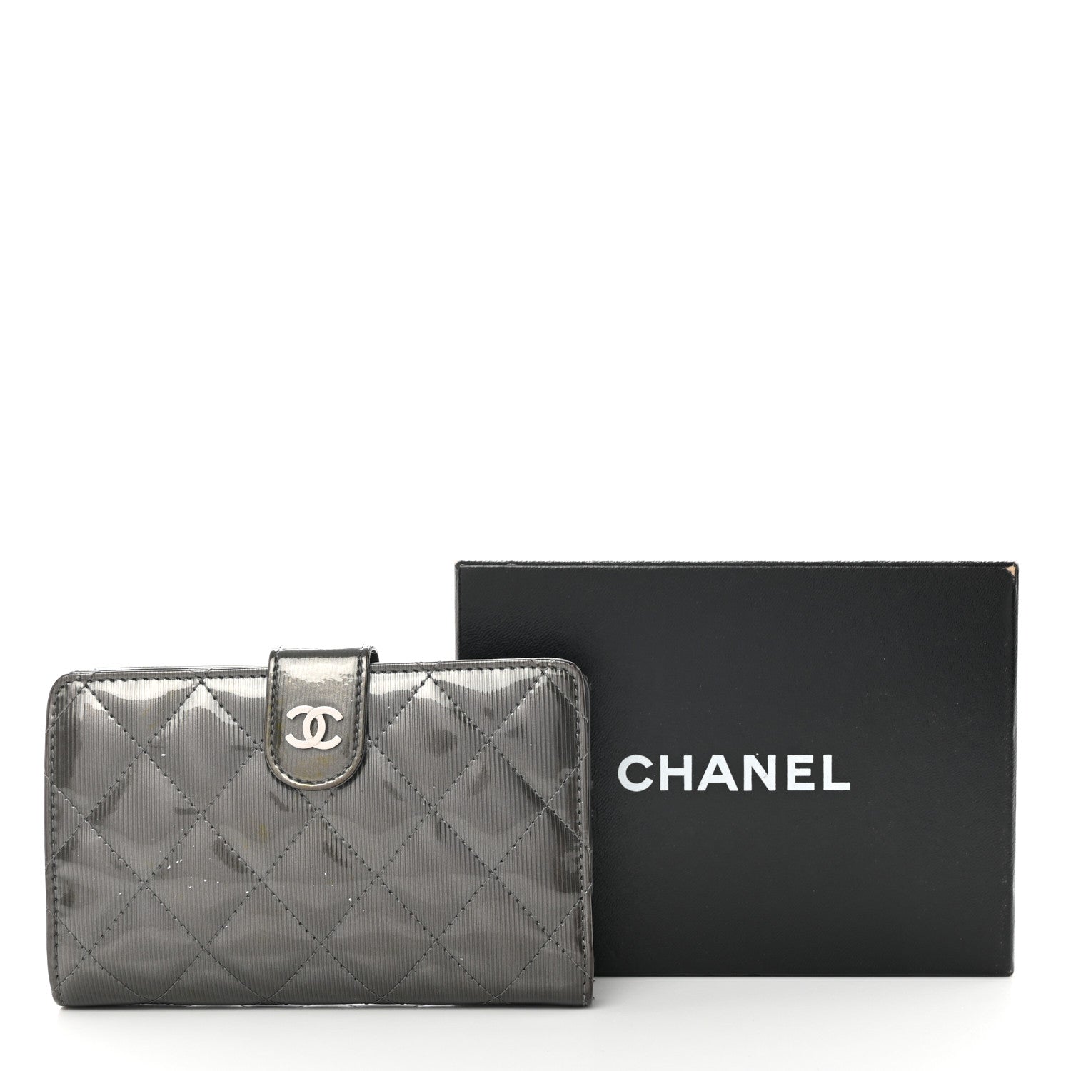 Chanel Striated Patent CC French Wallet Dark Grey 10 of 10