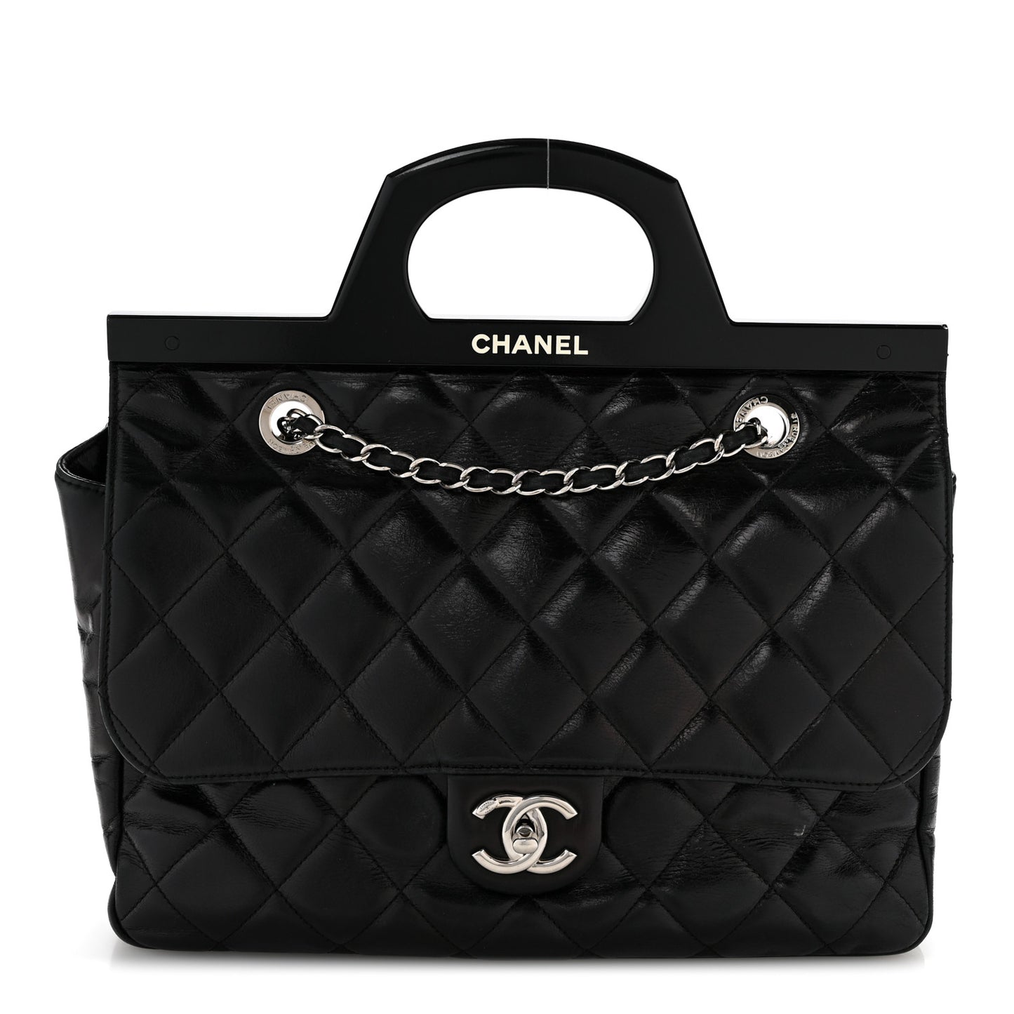 Glazed Calfskin Quilted Small CC Delivery Tote Black