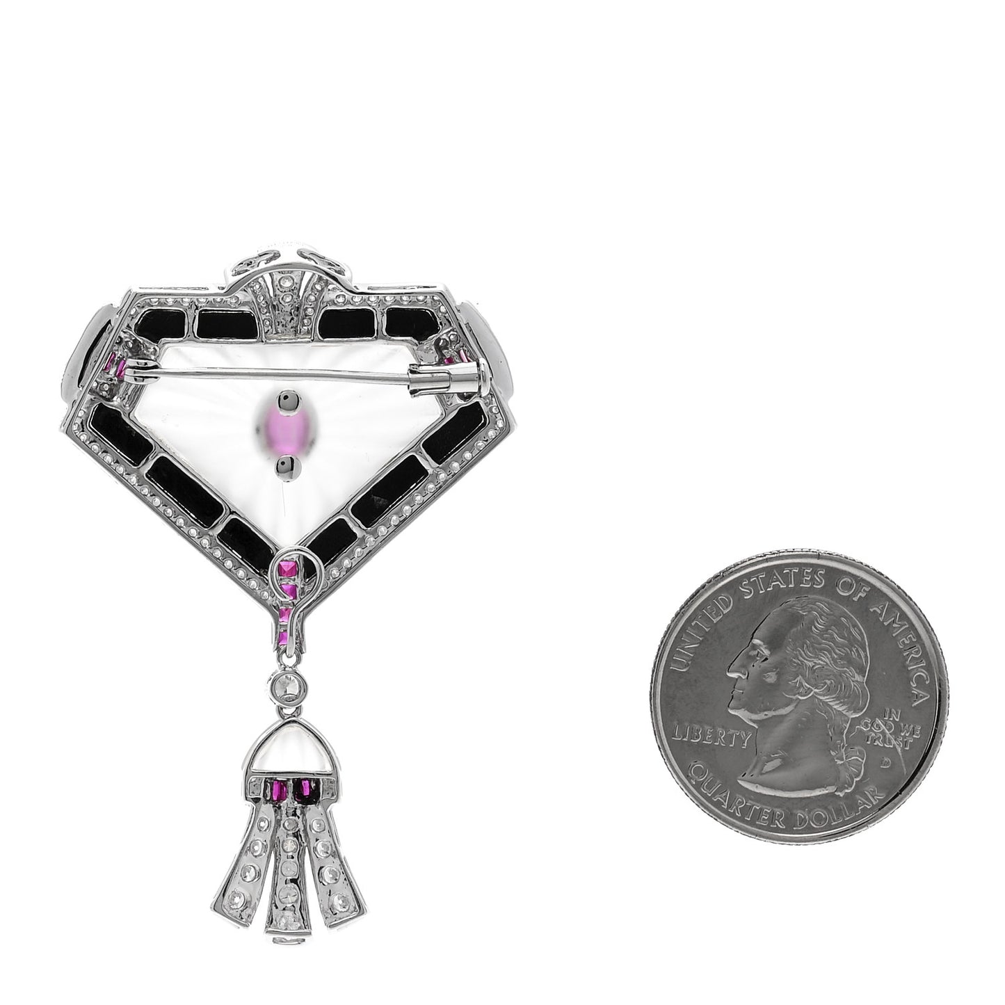 18K White Gold Enamel Diamond Ruby Rock Crystal .78ctw Brooch Pendant Black