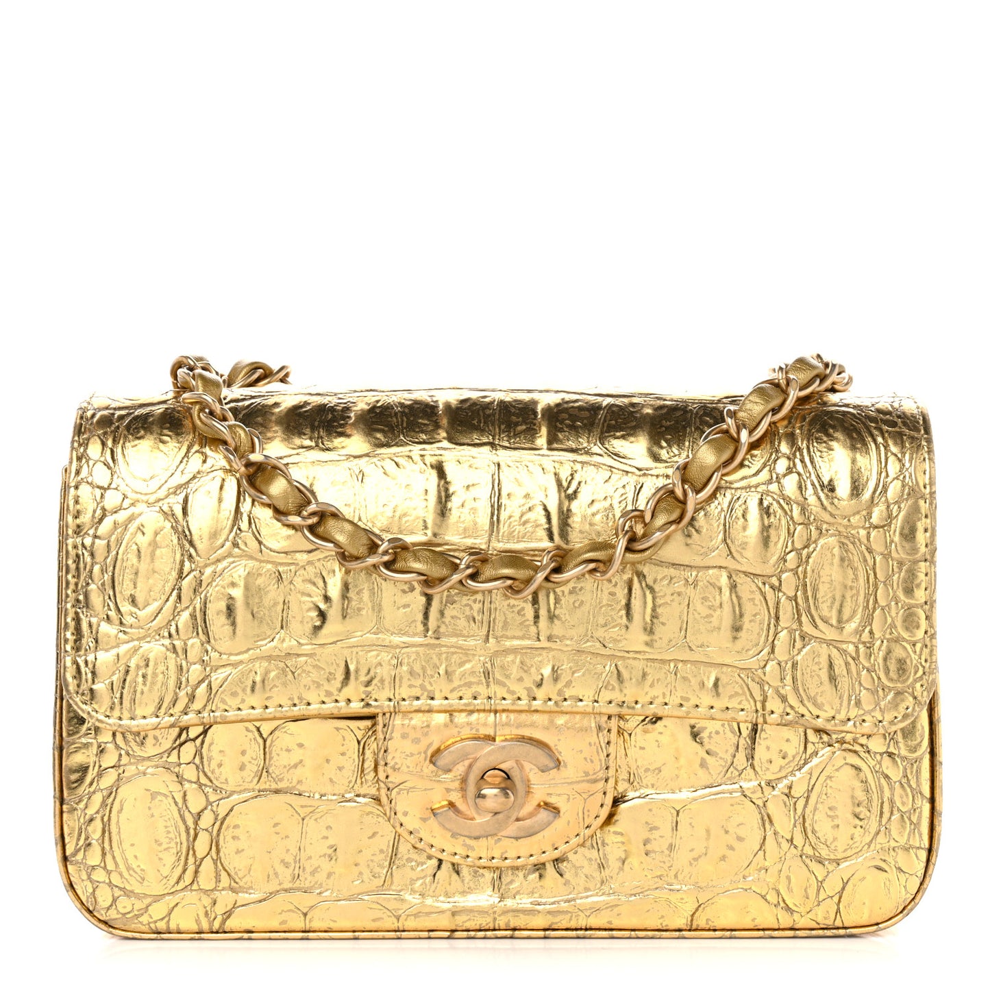 Metallic Calfskin Crocodile Embossed Cocodile Rectangular Mini Flap Gold
