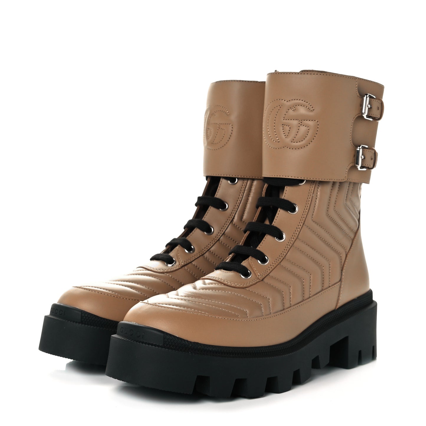 Nappa Frances GG Matelasse Platform Combat Boots 38 Natural Tan