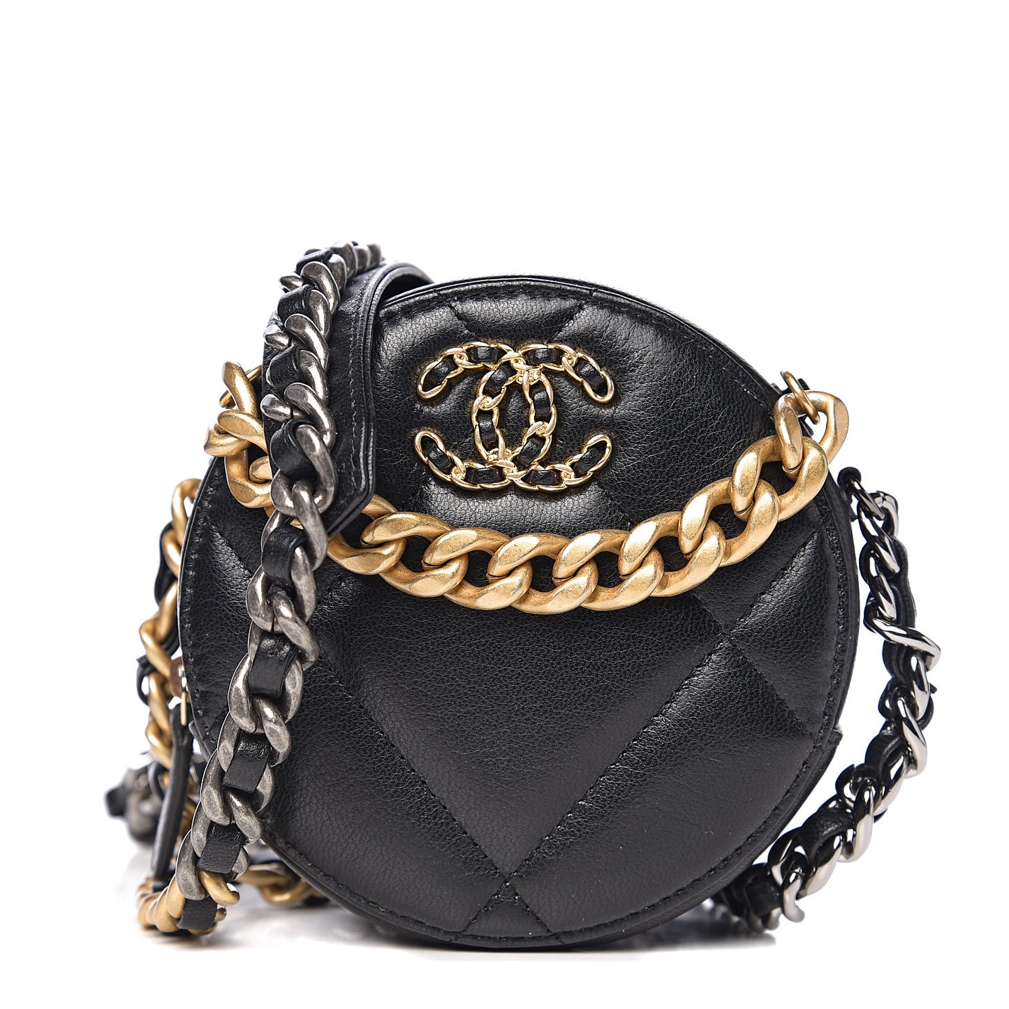 Shiny Goatskin Quilted 19 Round Clutch With Chain Black
