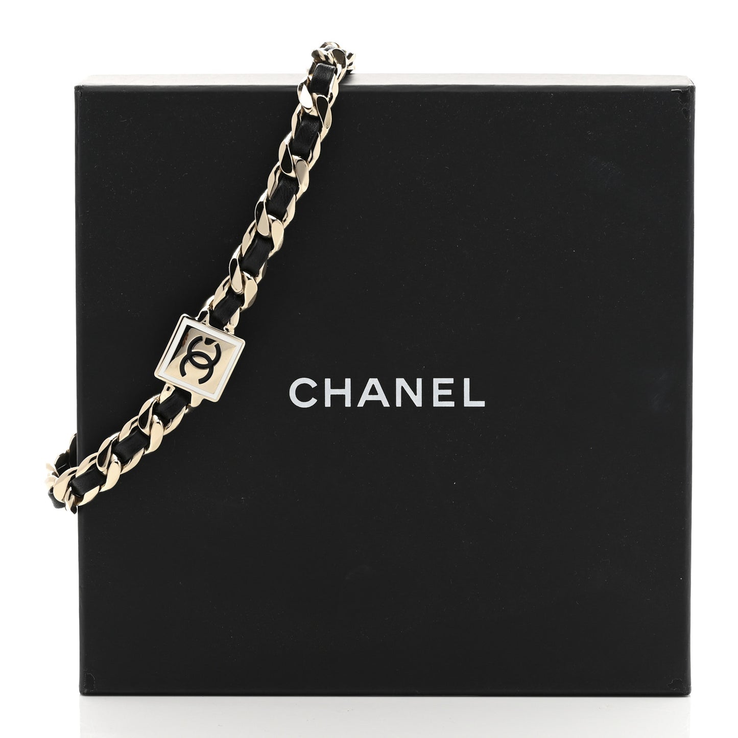 Metal Lambskin CC Square Choker Gold Black White