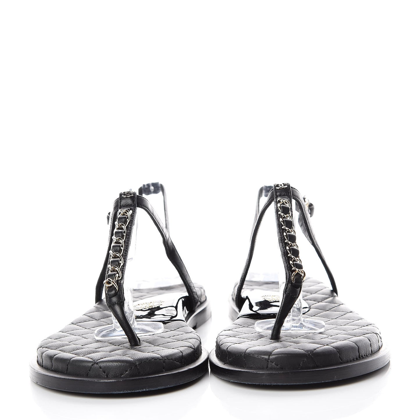Lambskin Patent Calfskin CC Chain Thong Sandals 39 Black