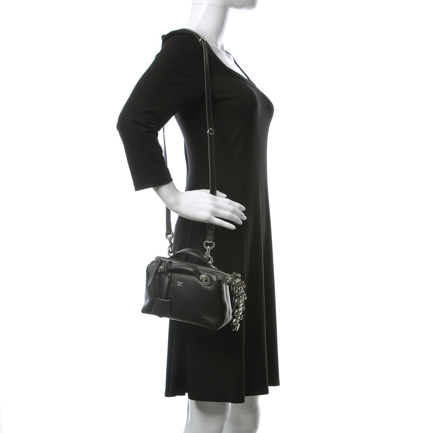Fendi Shiny Nappa Crystal Croc Tail Mini By The Way Boston Bag Black Smoky Quartz 2 of 12