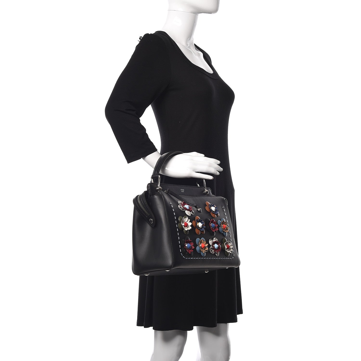 Fendi Calfskin Flowerland Medium Dotcom Satchel Black Multicolor 2 of 14