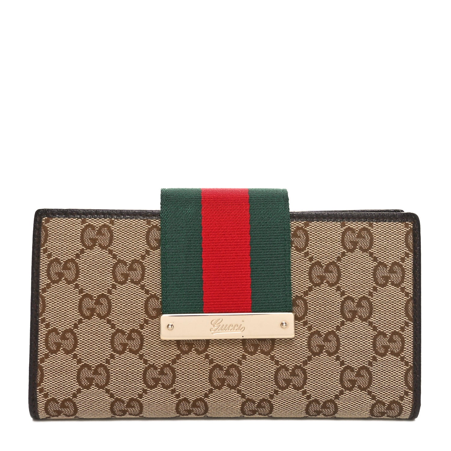 Gucci Monogram Calfskin Ladies Web Continental Wallet Beige Ebony Cocoa 1 of 8