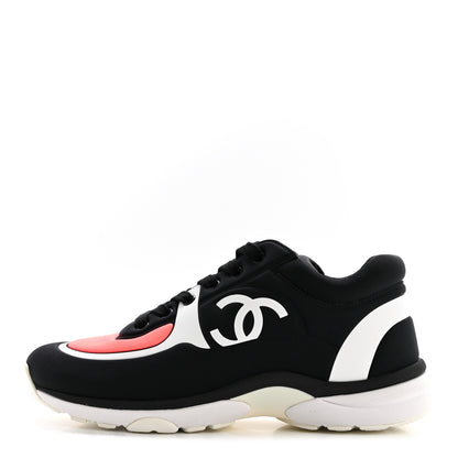 Chanel Lycra Fabric Womens CC Sneakers 37.5 Black White Pink 1 of 9