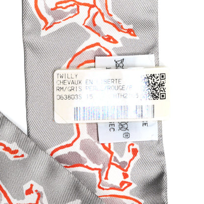 Hermes Silk Chevaux En Liberte Twilly Gris Perle Rouge White 4 of 4
