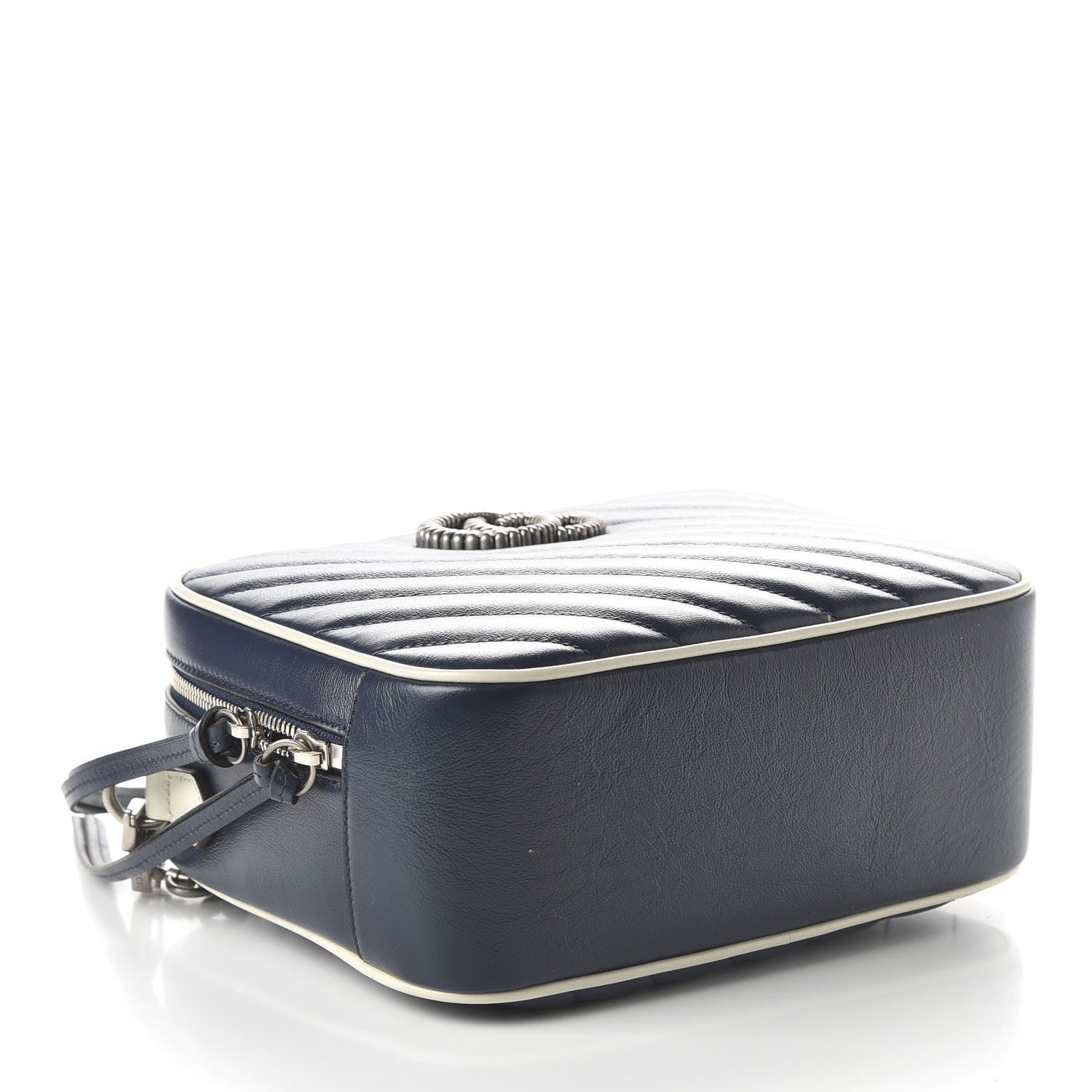 Gucci Vintage Effect Calfskin Matelasse Diagonal Small Torchon GG Marmont Bamboo Top Handle Shoulder Bag Blue Agata Mystic White 4 of 10