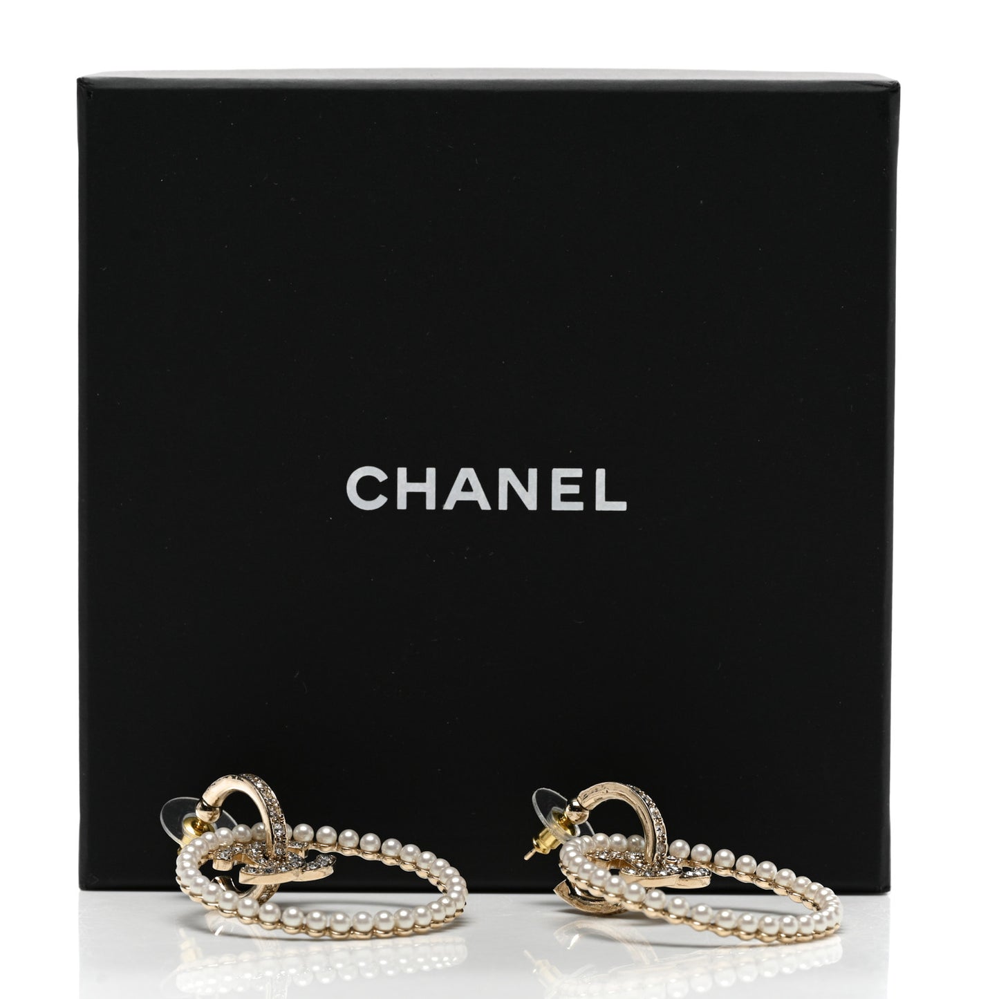 Crystal Pearl CC Door Knocker Hoop Earrings Gold Pearly White