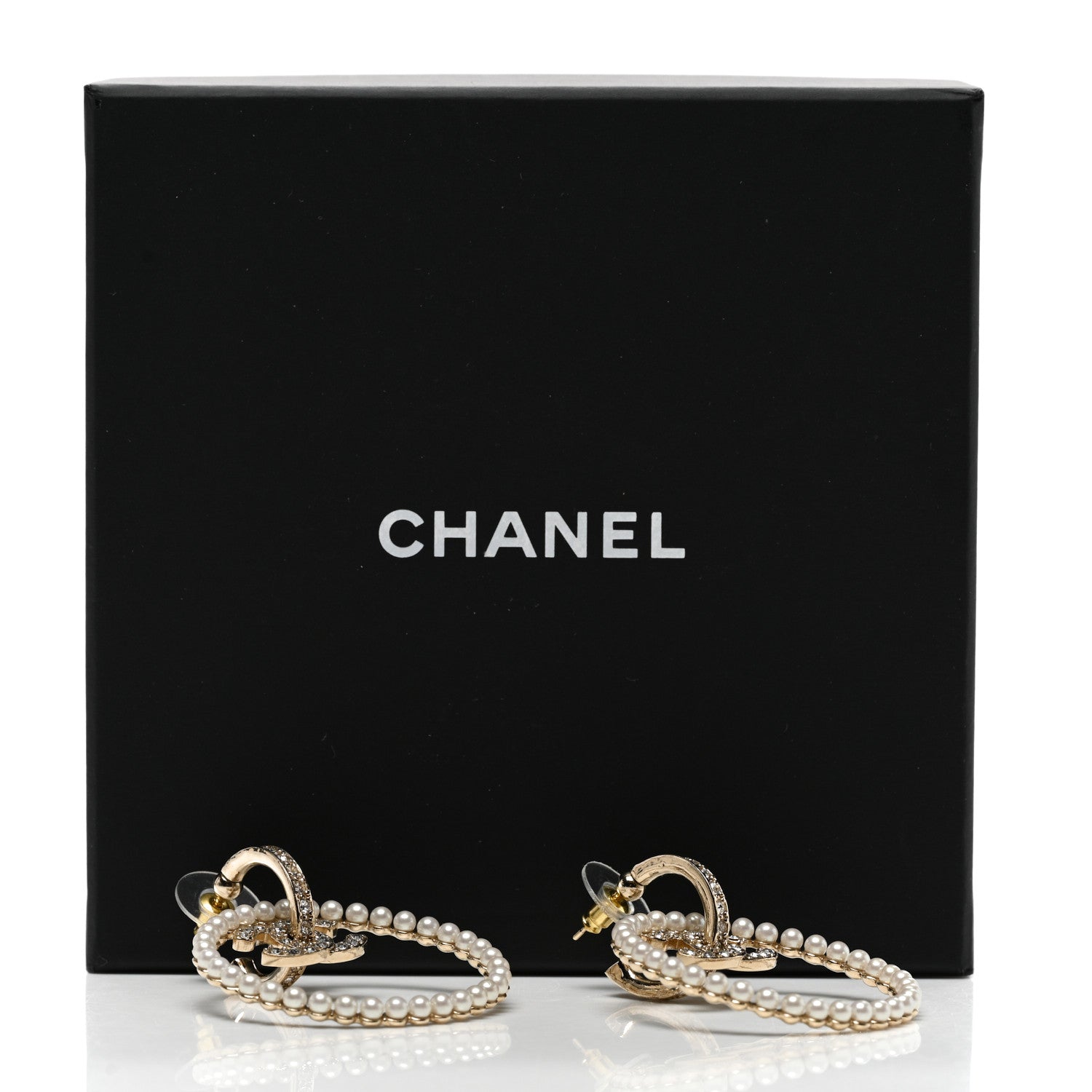 Chanel Crystal Pearl CC Door Knocker Hoop Earrings Gold Pearly White 4 of 4
