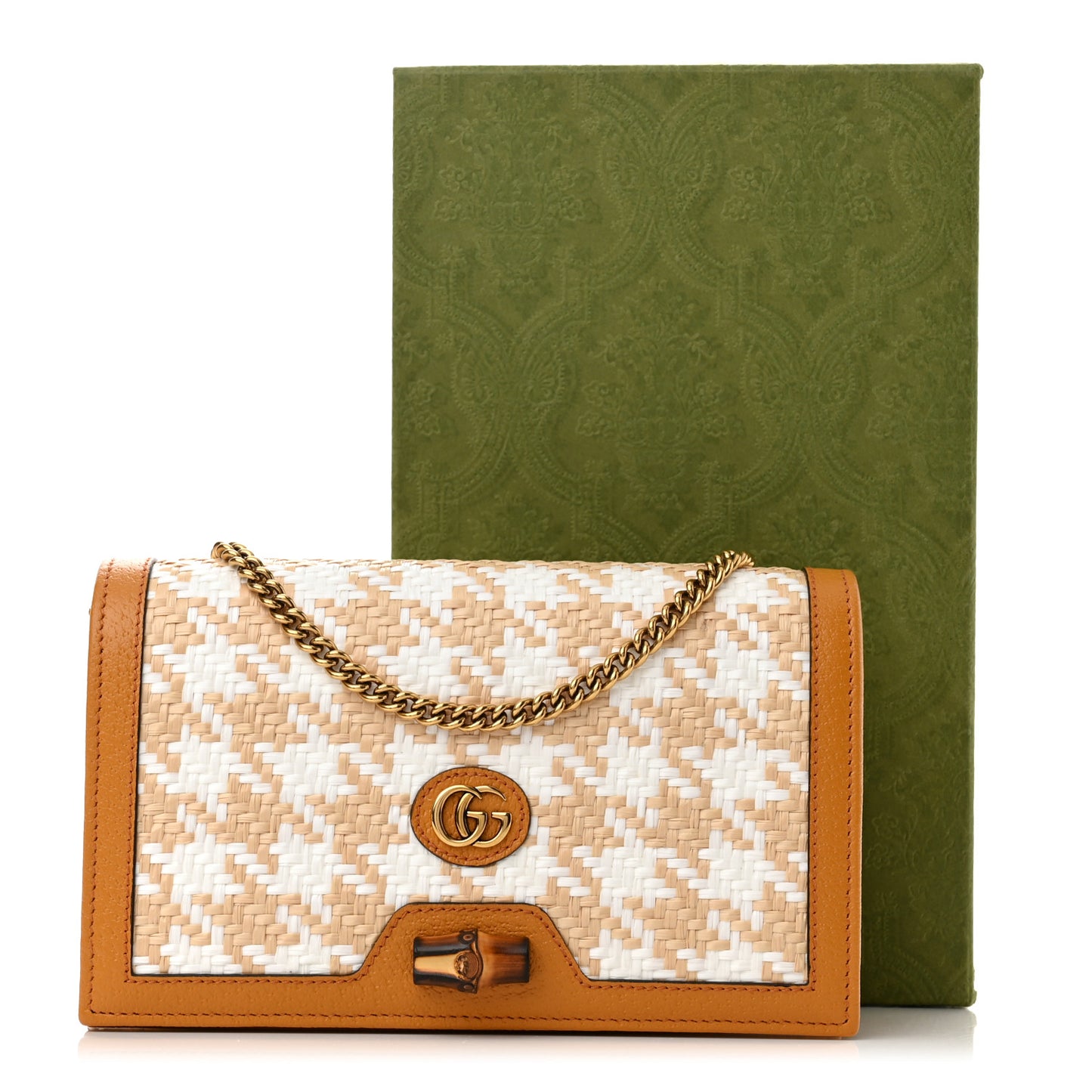 Polished Raffia Textured Dollar Calfskin Houndstooth Mini Diana Chain Bag Natural Sun Oil Mystic White
