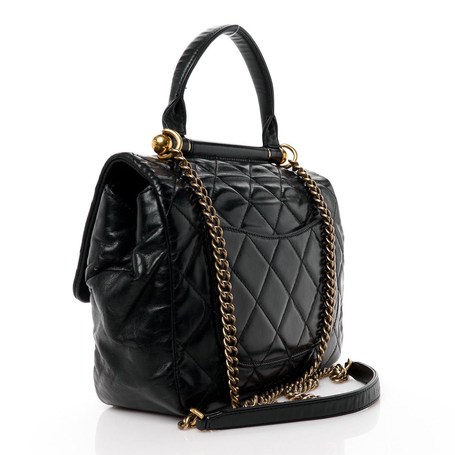 Glazed Calfskin Quilted Medium Gold Bar Top Handle Flap Black