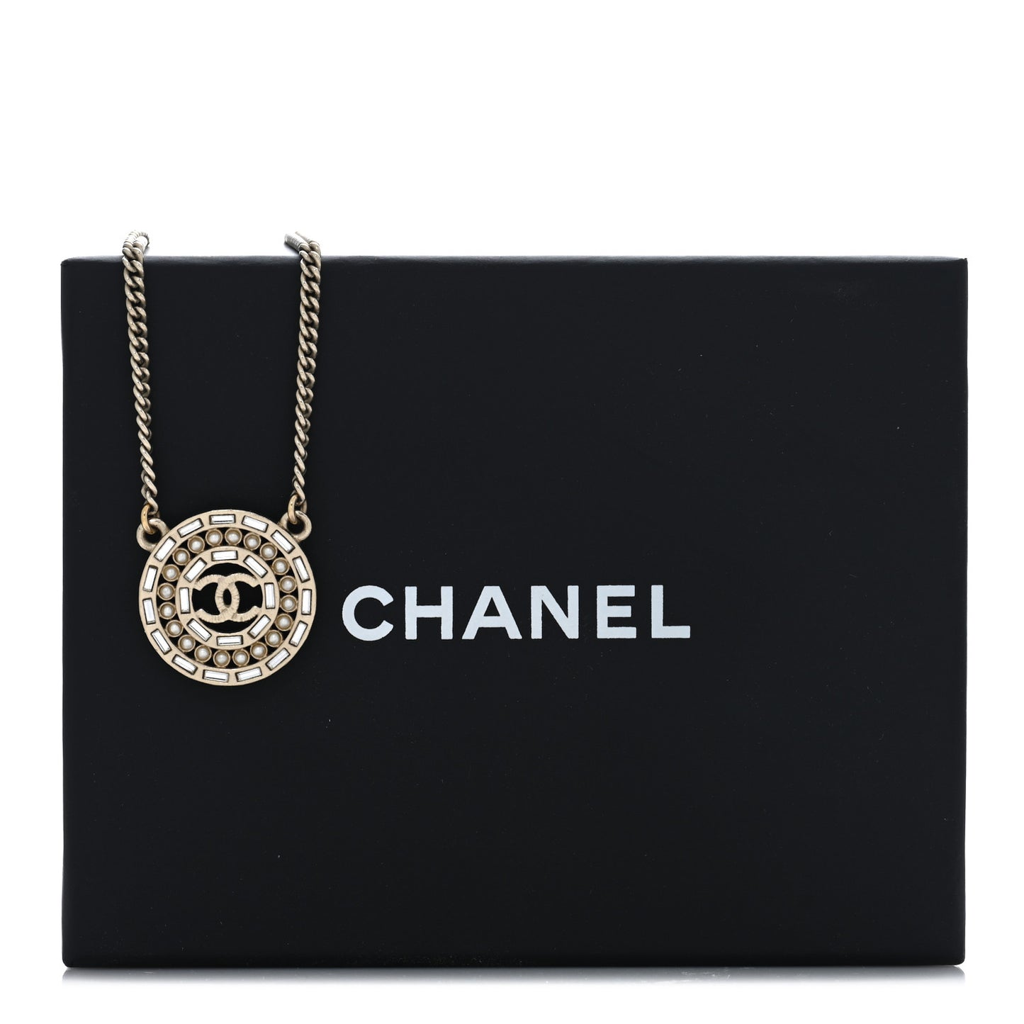 Pearl Crystal CC Round Pendant Necklace Gold