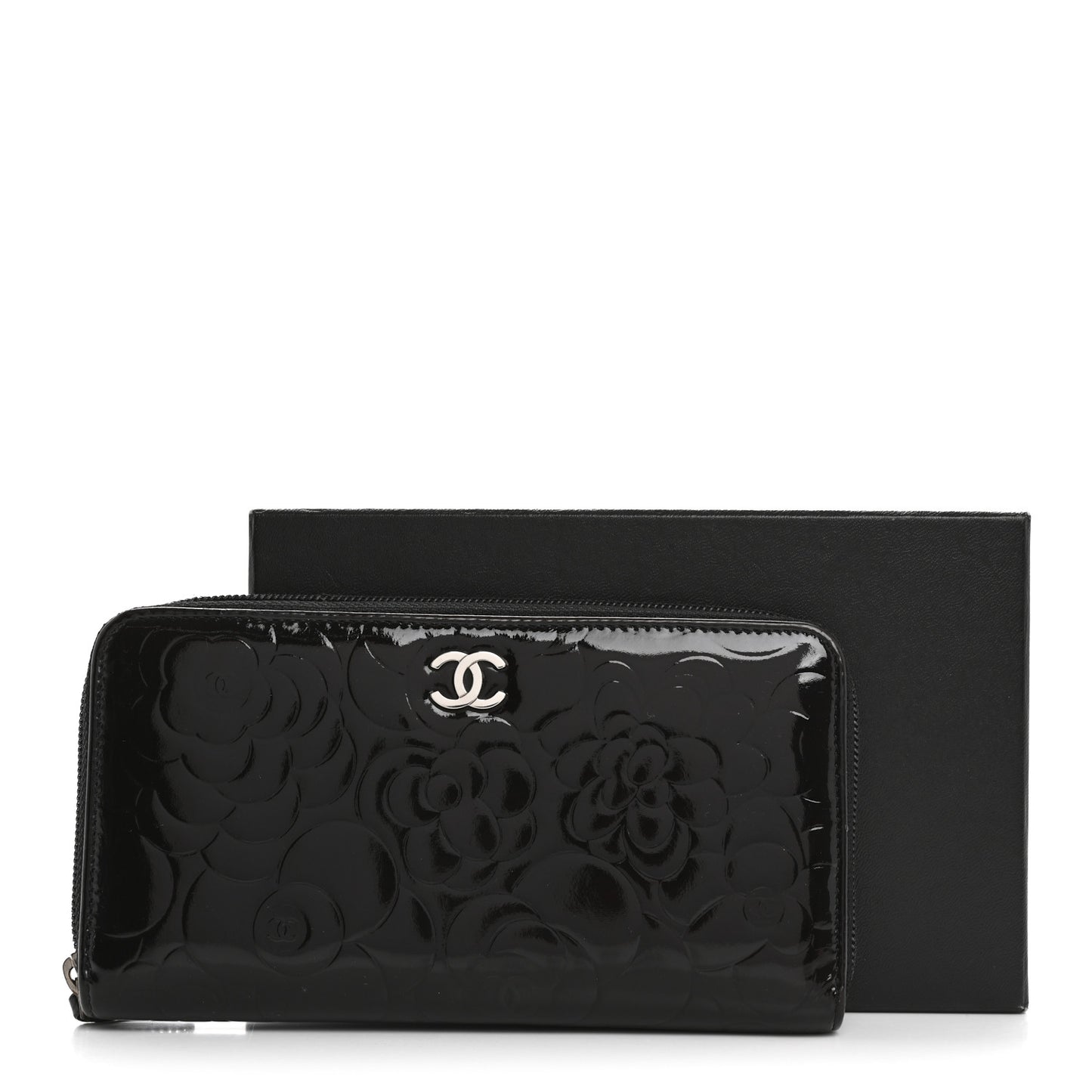 Patent Camellia Embossed Large Zip Around Gusset Wallet Black