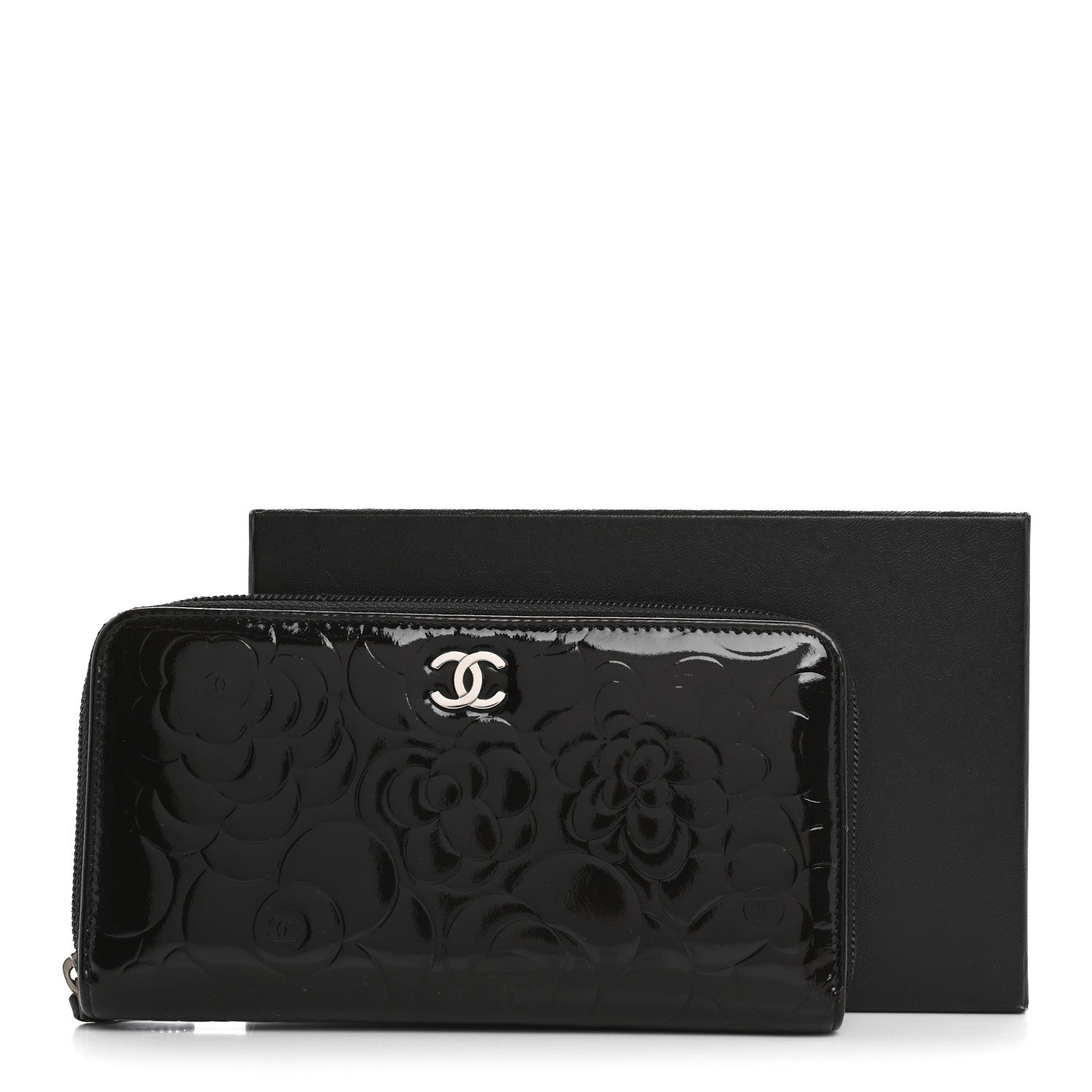 Chanel Patent Camellia Embossed Large Zip Around Gusset Wallet Black 14 of 14