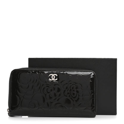 Chanel Patent Camellia Embossed Large Zip Around Gusset Wallet Black 14 of 14
