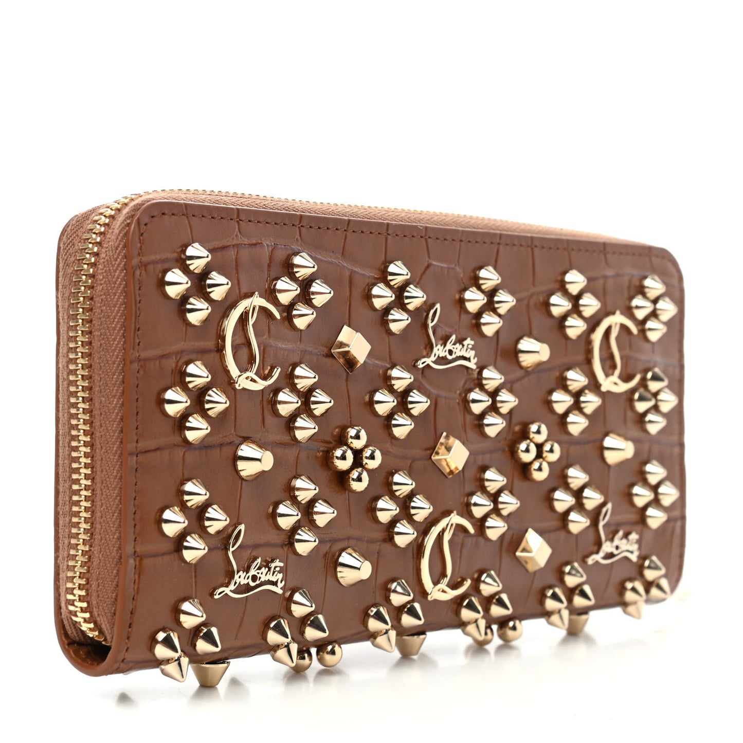 Calfskin Crocodile Embossed Loubinthesky Panettone Zip Around Wallet Biscotto Gold