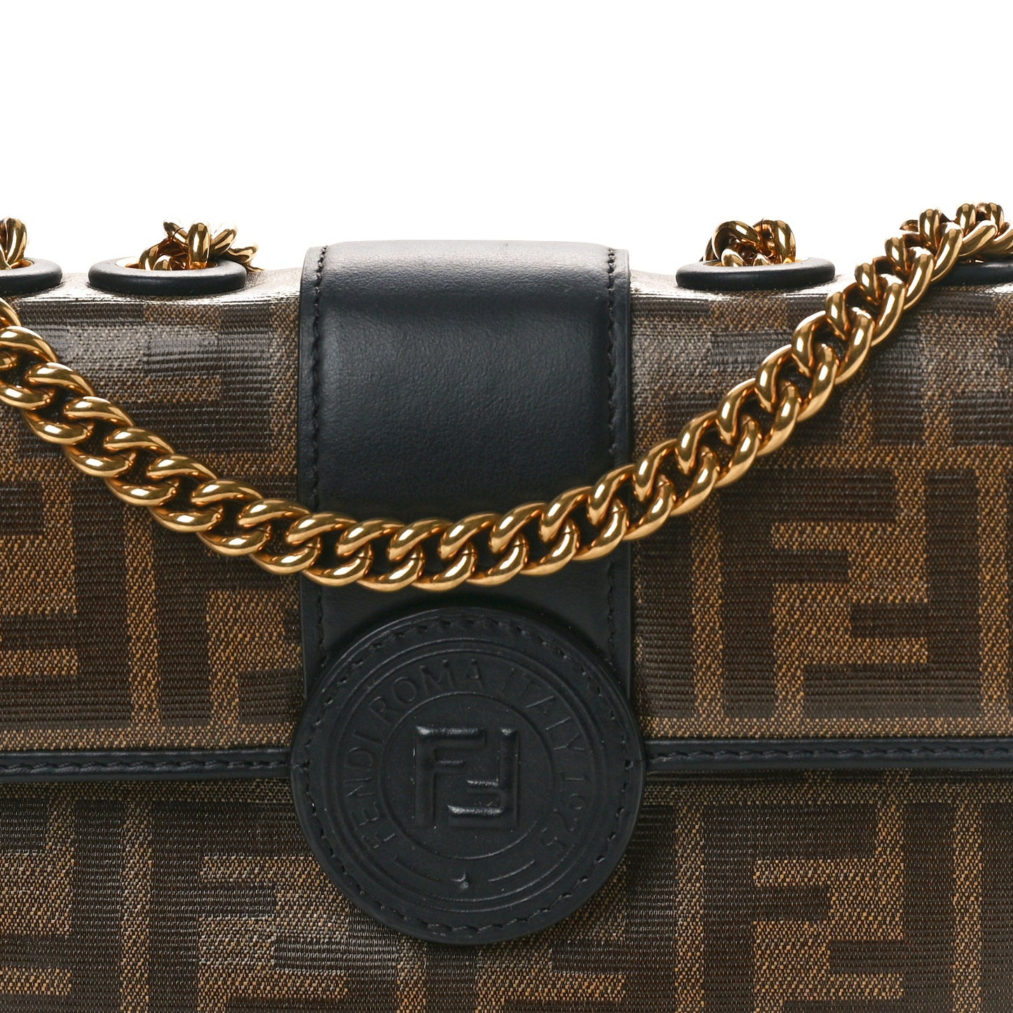 Glazed Fabric Vitello Century FF 1974 Stamp Patch Mini Double F Crossbody Bag Mogano Panna Black