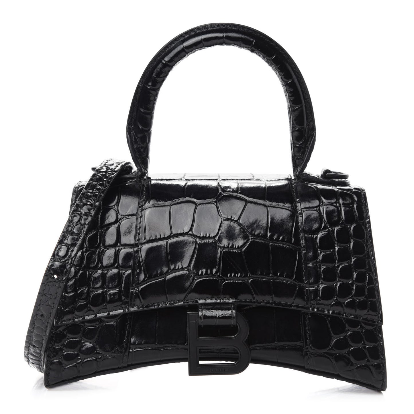 Shiny Calfskin Monochrome Crocodile Embossed Hourglass Top Handle Bag XS Black