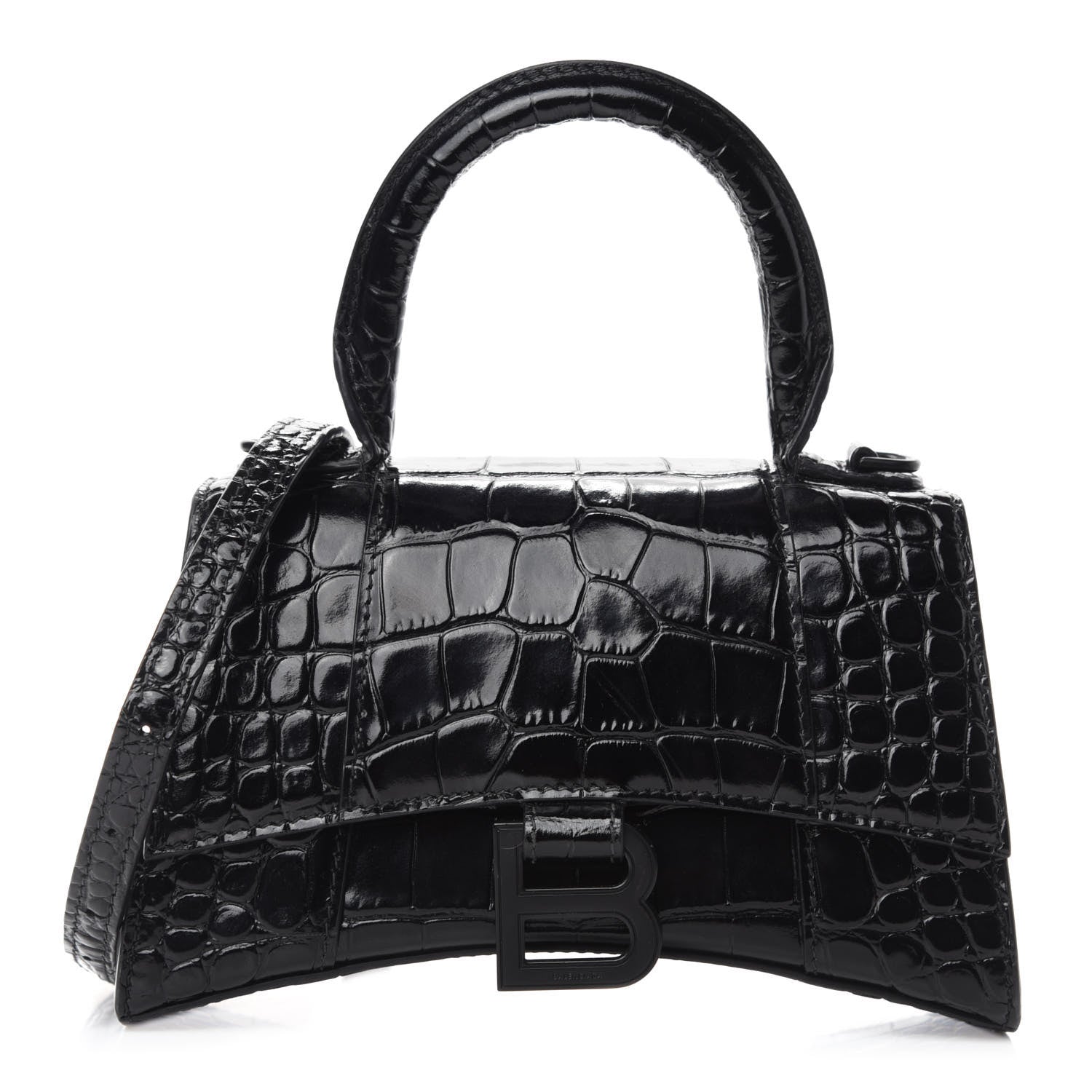 Balenciaga Shiny Calfskin Monochrome Crocodile Embossed Hourglass Top Handle Bag XS Black 1 of 12