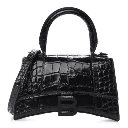 Balenciaga Shiny Calfskin Monochrome Crocodile Embossed Hourglass Top Handle Bag XS Black 1 of 12