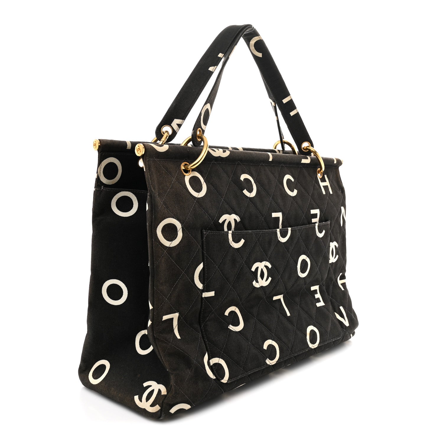 Chanel Canvas Printed Quilted Logo Tote Black White 1886696