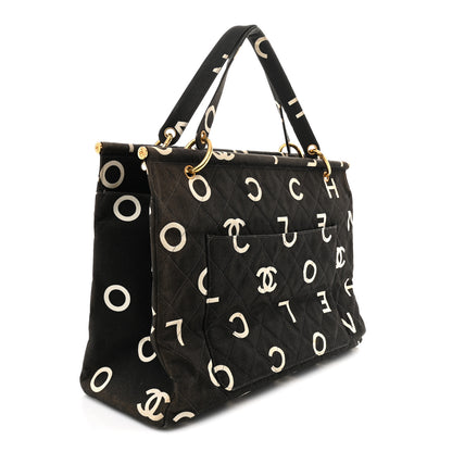 Chanel Canvas Printed Quilted Logo Tote Black White 3 of 10