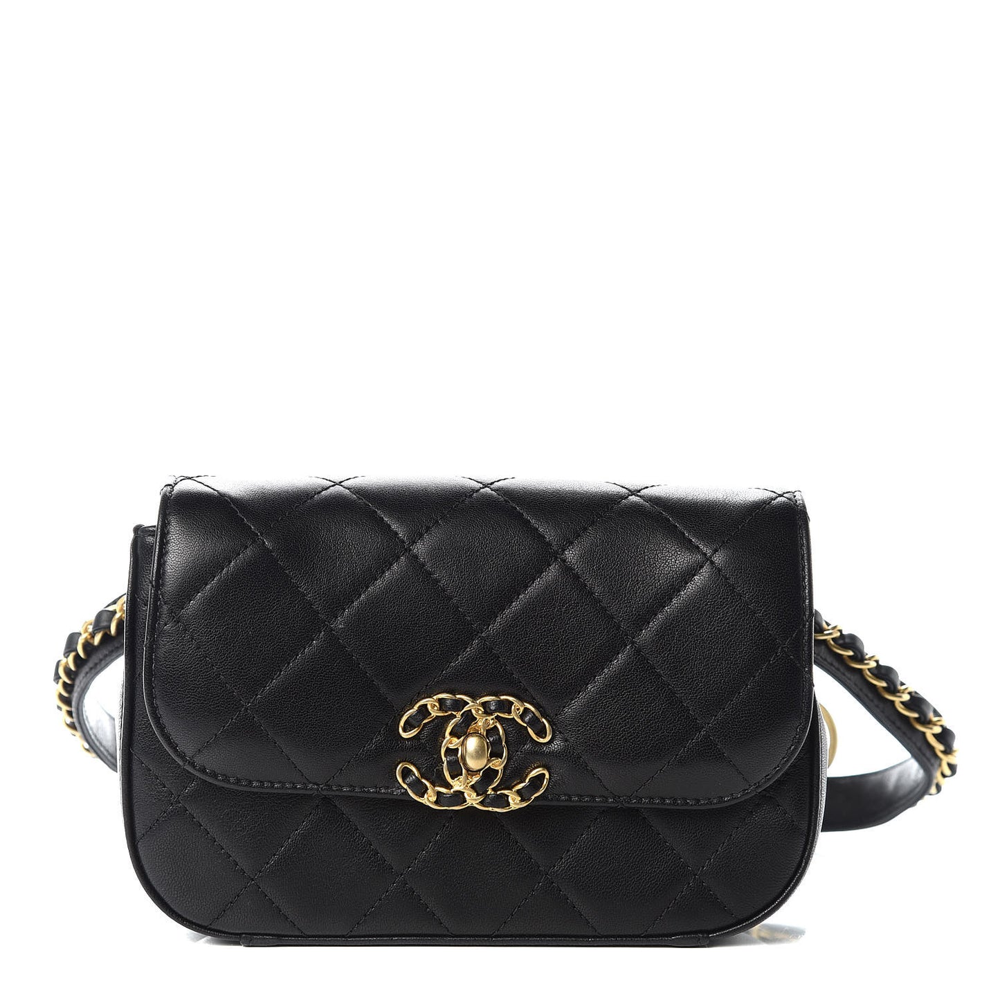 Lambskin Quilted Chain Infinity Waist Belt Bag Black