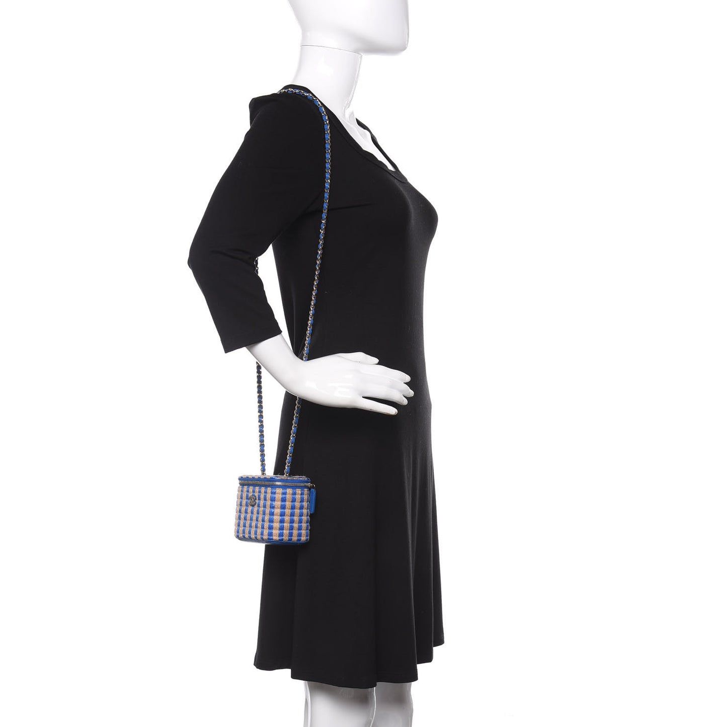 Raffia Jute Striped Mini Vanity Case With Chain Blue Beige