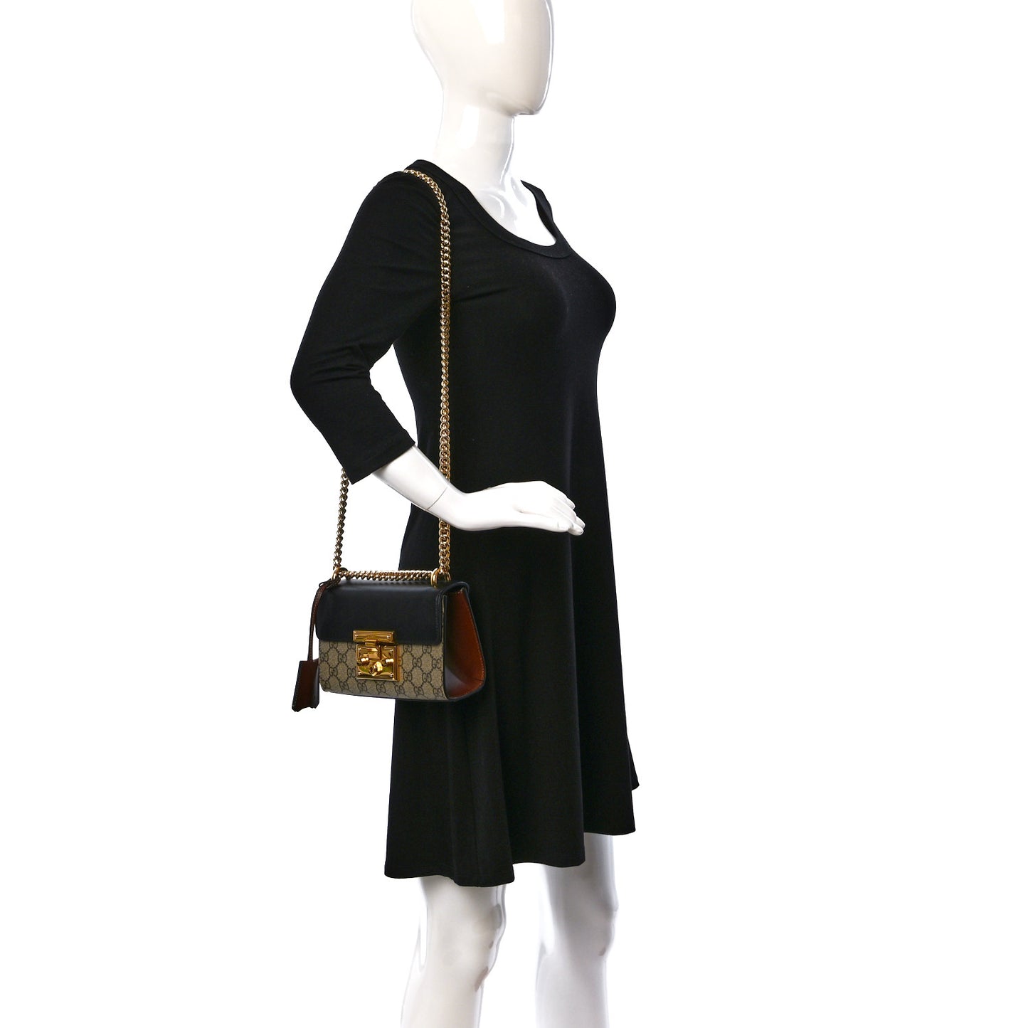GG Supreme Monogram Calfskin Small Padlock Shoulder Bag Beige Black Cuir