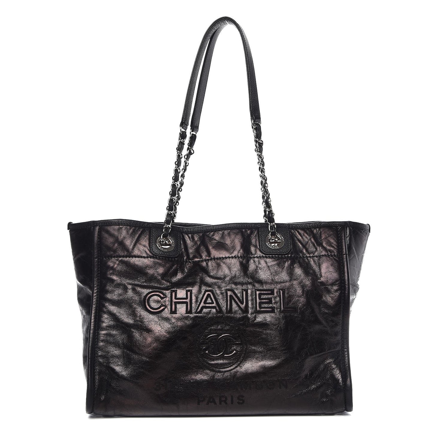 Glazed Calfskin Small Deauville Tote Black
