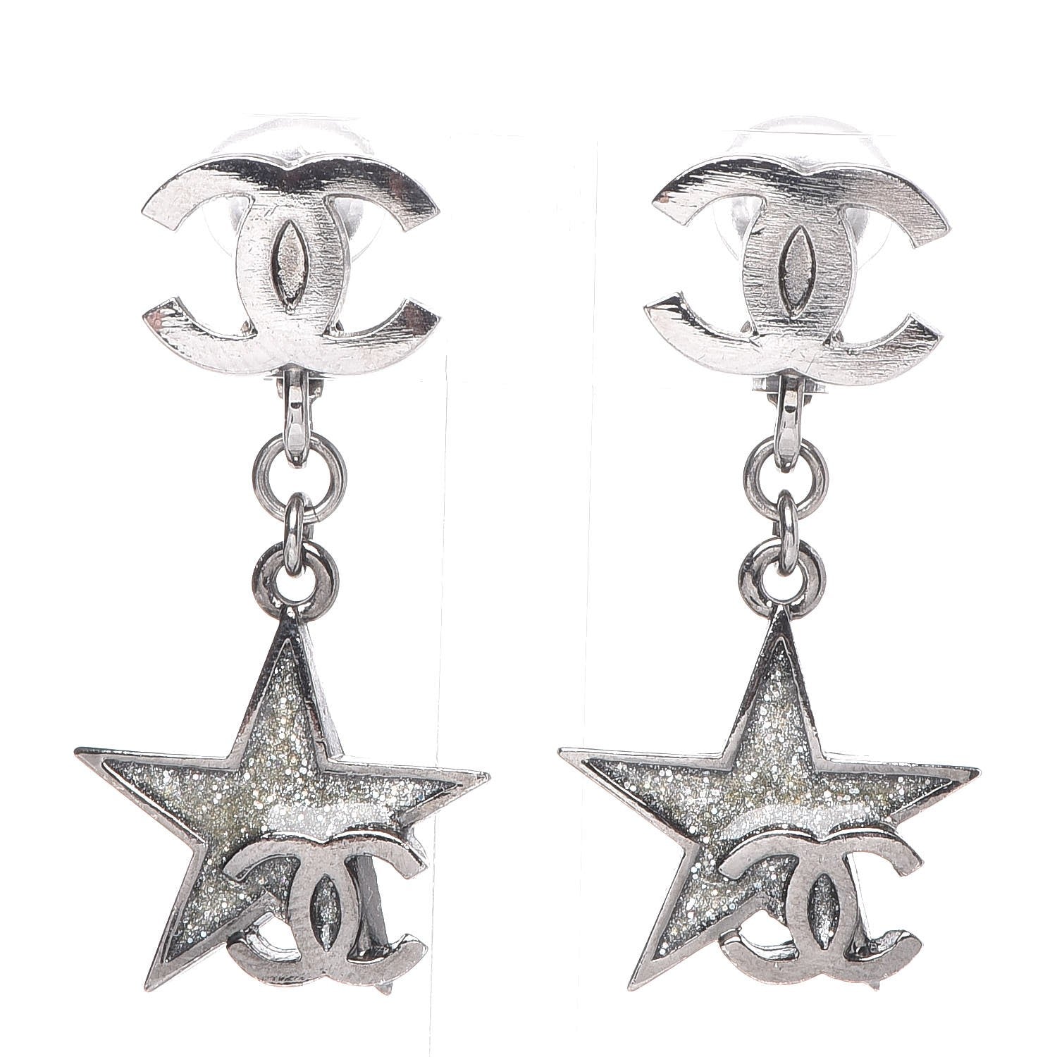 Chanel Glitter Resin CC Star Drop Clip On Earrings Ruthenium 1 of 4