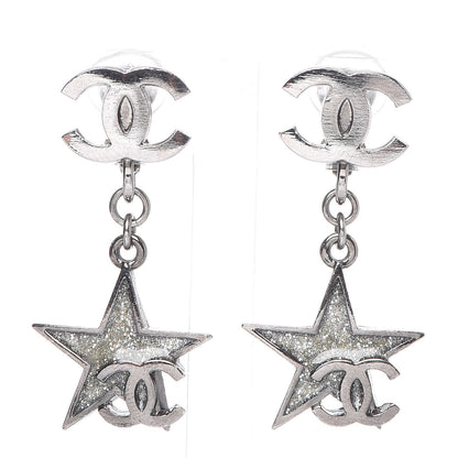 Chanel Glitter Resin CC Star Drop Clip On Earrings Ruthenium 1 of 4