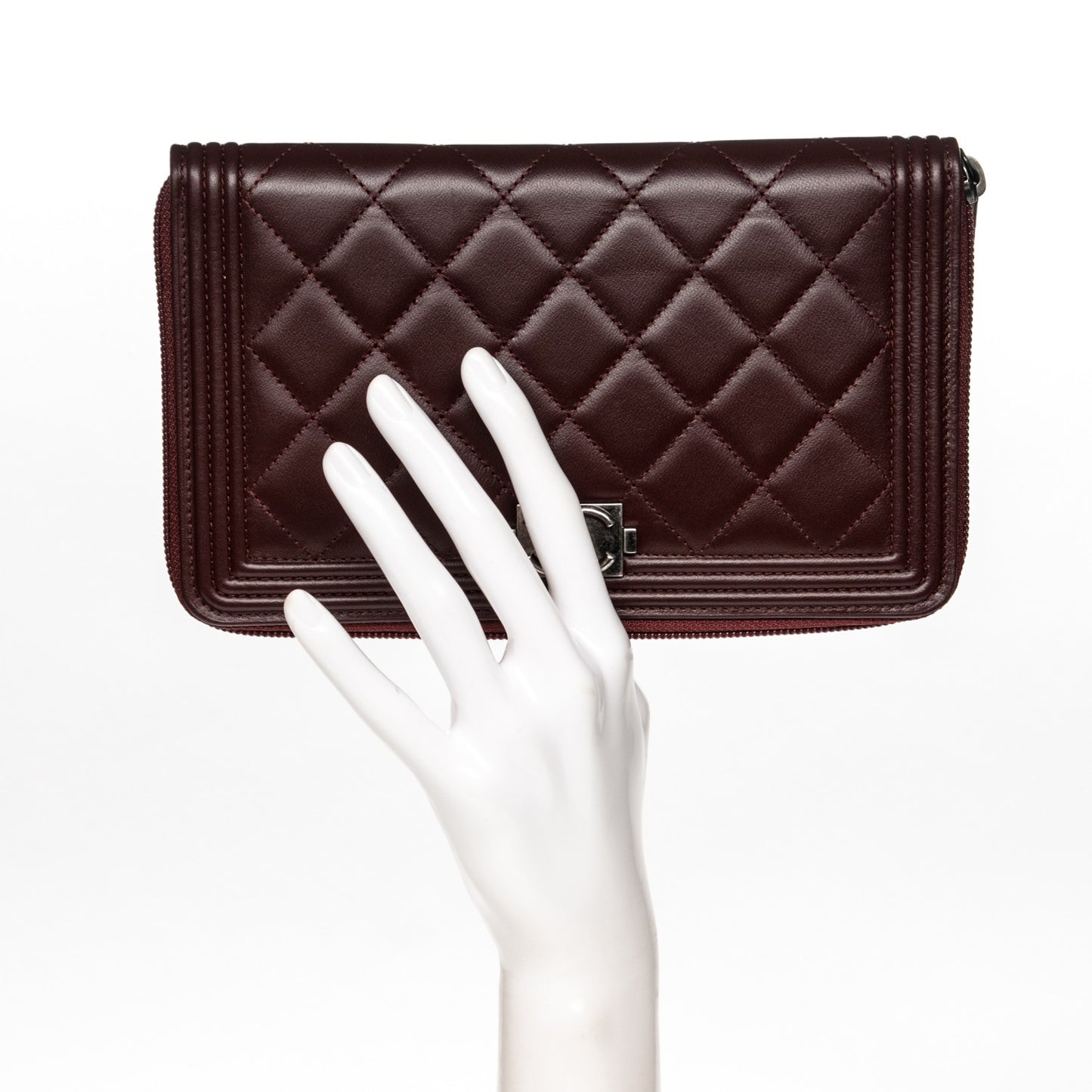 Lambskin Quilted Large Boy Zip Around Wallet Burgundy