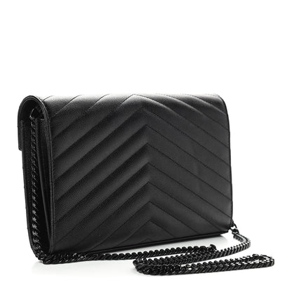 Saint Laurent Grain De Poudre Matelasse Chevron Monogram Chain Wallet Black 3 of 8