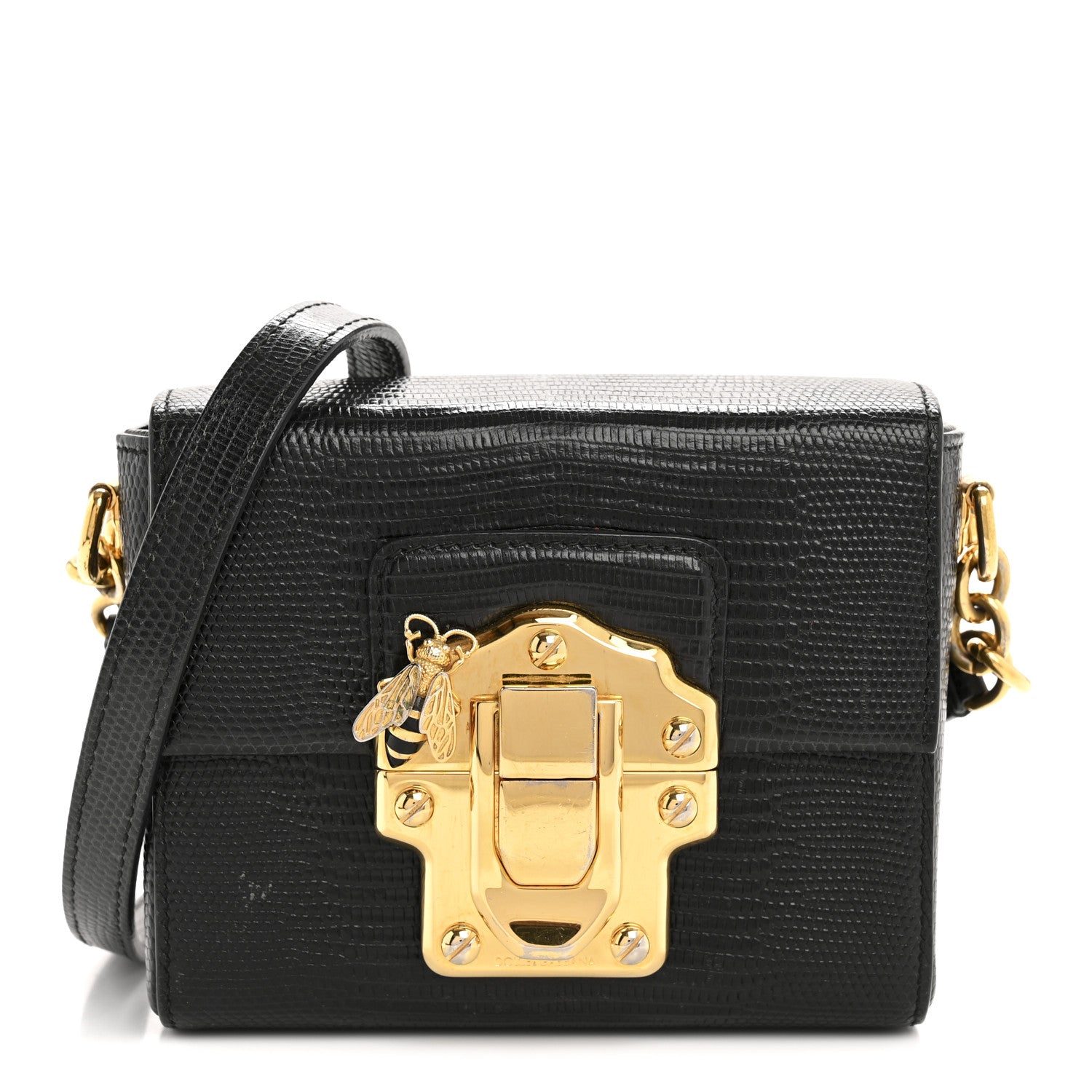 Dolce & Gabbana Calfskin Iguana Embossed Mini Lucia Satchel Black