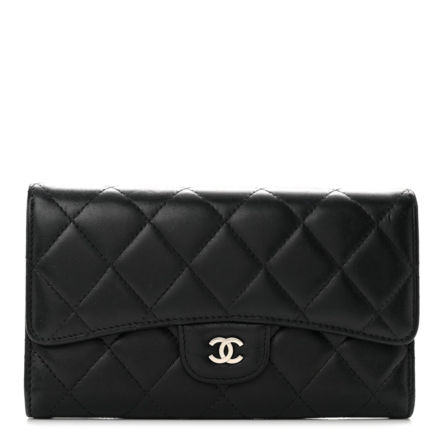 Lambskin Quilted Large Gusset Flap Wallet Black