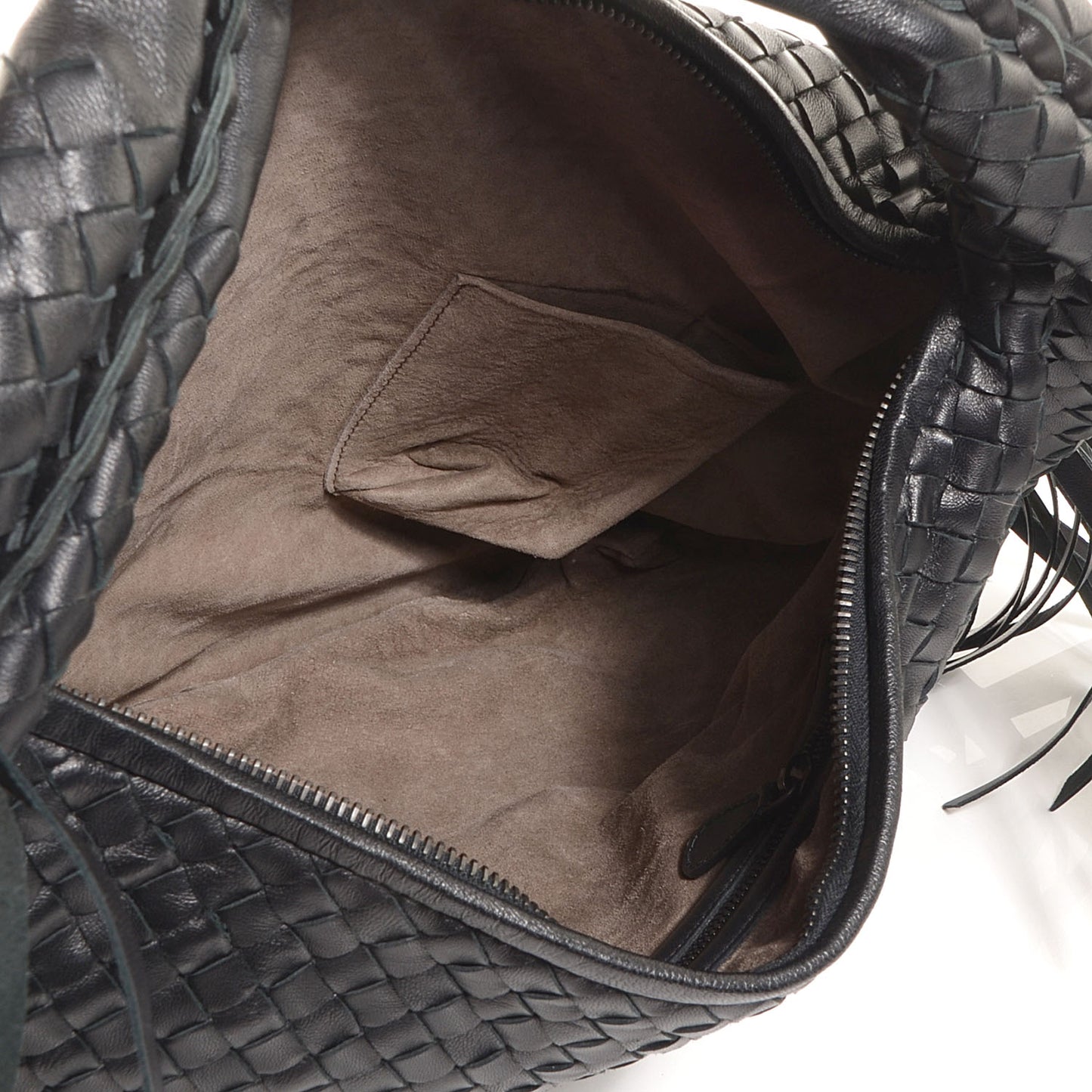 Nappa Intrecciato Veneta Large Fringed Hobo Nero Black