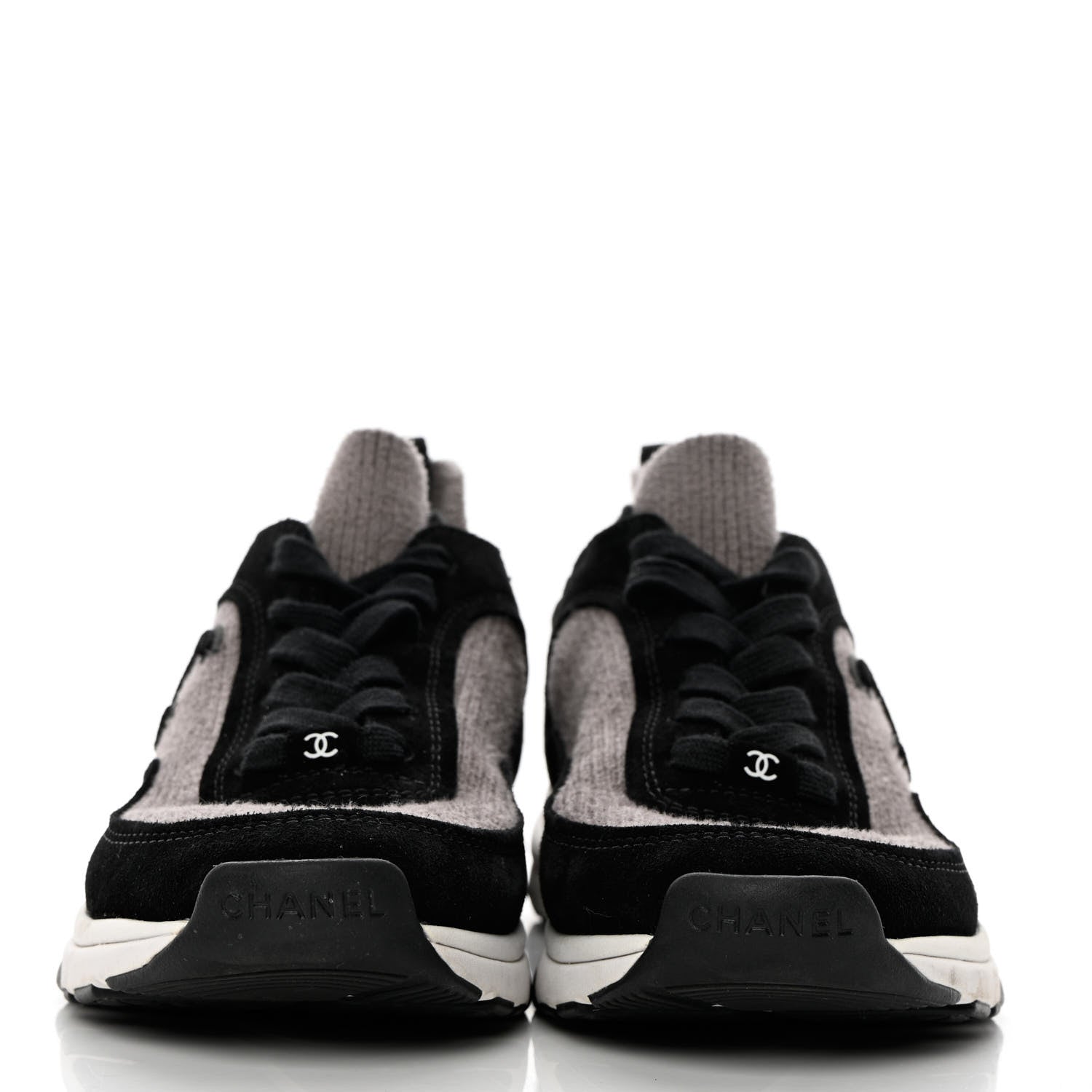 Chanel Fabric Suede Calfskin CC Sneakers 37.5 Grey Black 2 of 6