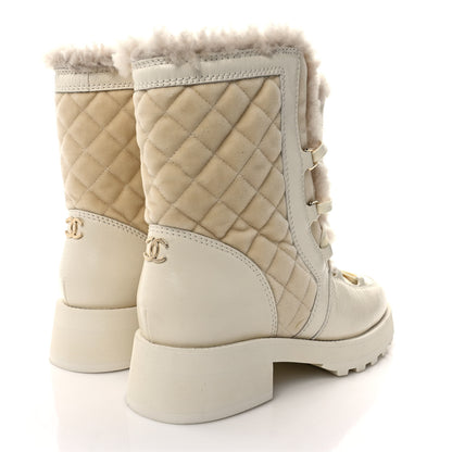 Chanel Shiny Crumpled Calfskin Velvet Shearling Lace Up Boots 38.5 Ivory 4 of 7