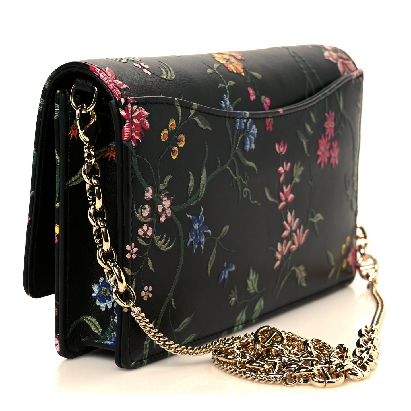 Calfskin Petites Fleurs Print Caro Pouch With Chain Black Multicolor