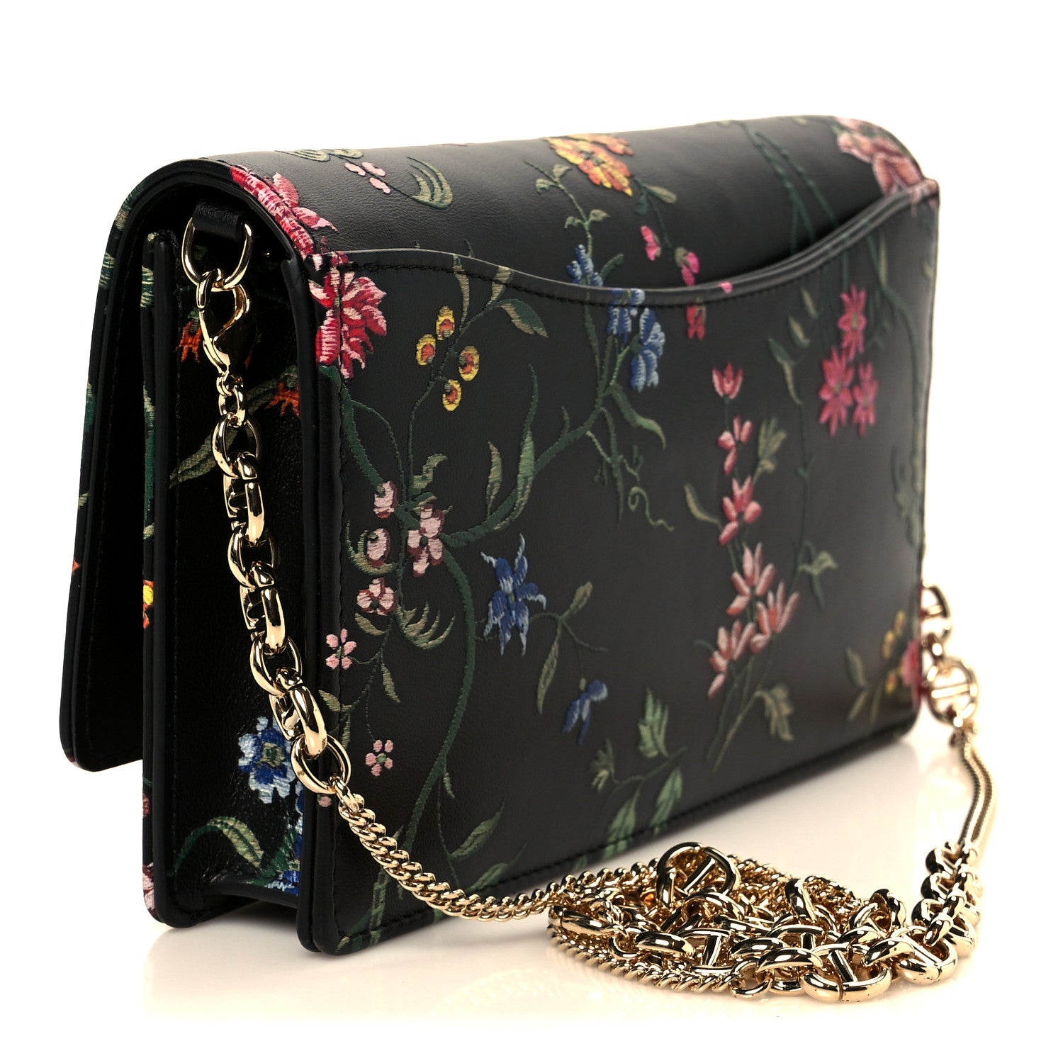 Christian Dior Calfskin Petites Fleurs Print Caro Pouch With Chain Black Multicolor 3 of 10